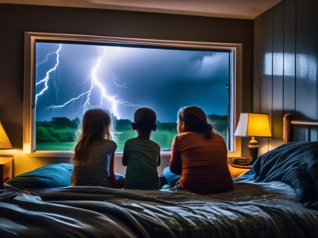 Amidst chaos and fear, a family huddles together for safety during a hurricane