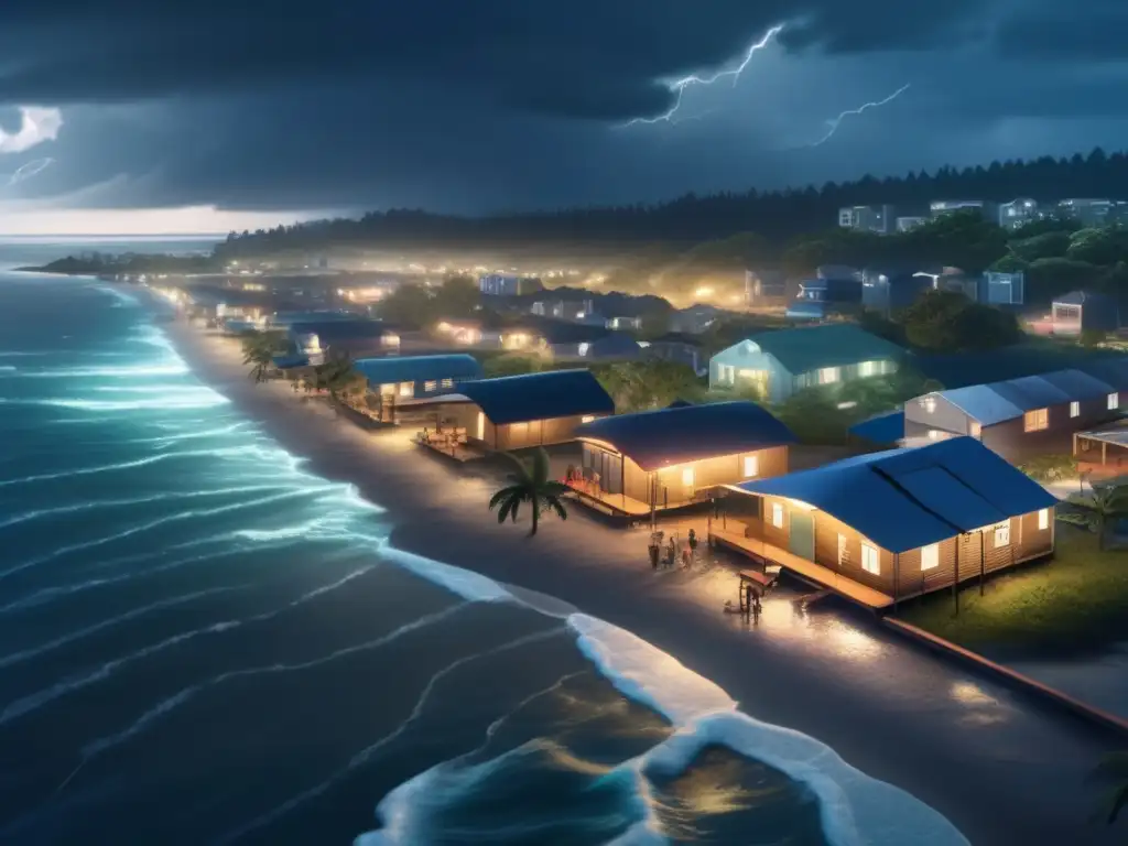 Aerial view of a small coastal town with a community shelter standing tall amidst tall buildings, trees, and the roaring ocean in the background