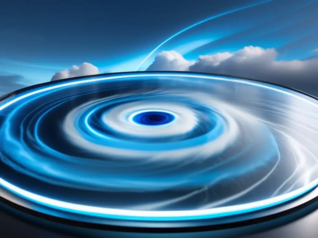 A hurricane simulation model with electric blue swirls, white clouds, and dark precipitation, displayed on a glass table