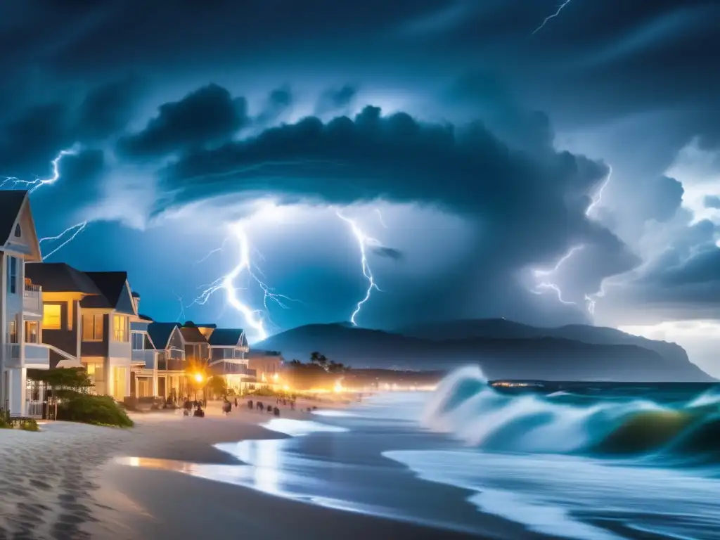 / Captivating image of a hurricane making its way towards a beautifully lit coastal city