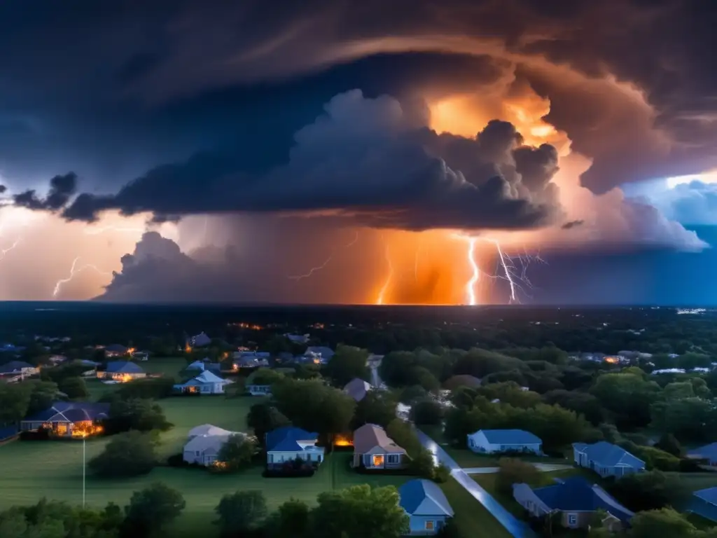 Awe-inspiring image of a hurricane in full force: a storm cell's funnel cloud reaches towards the sky, while lightning flashes in the background