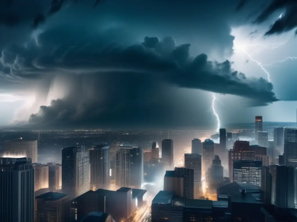 A cinematic-style image of a hurricane raging over a cityscape with rain, thunder, lightning, and towering wind lidars