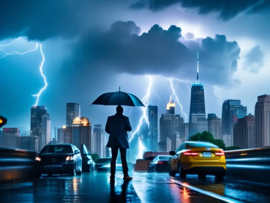 A tense cityscape, dreary and desolate, with lightning illuminating the stormy sky, while its torrential rain drenches the street