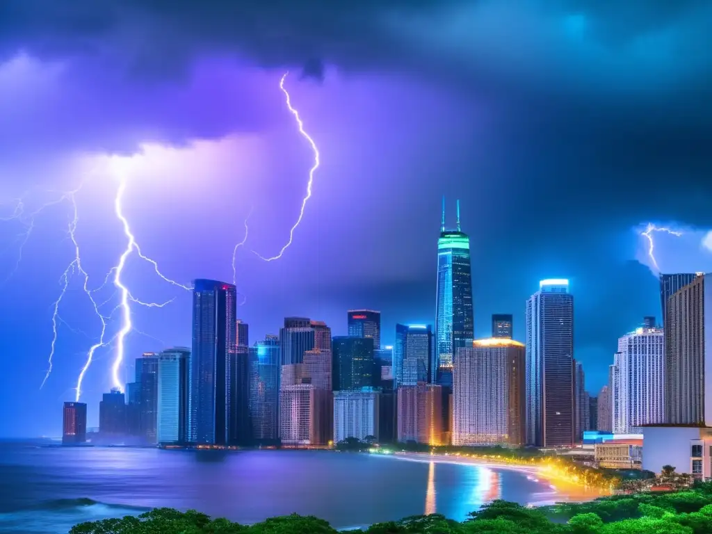 In the heart of a bustling city, towering skyscrapers stand against the backdrop of an ominous hurricane approaching the coastline