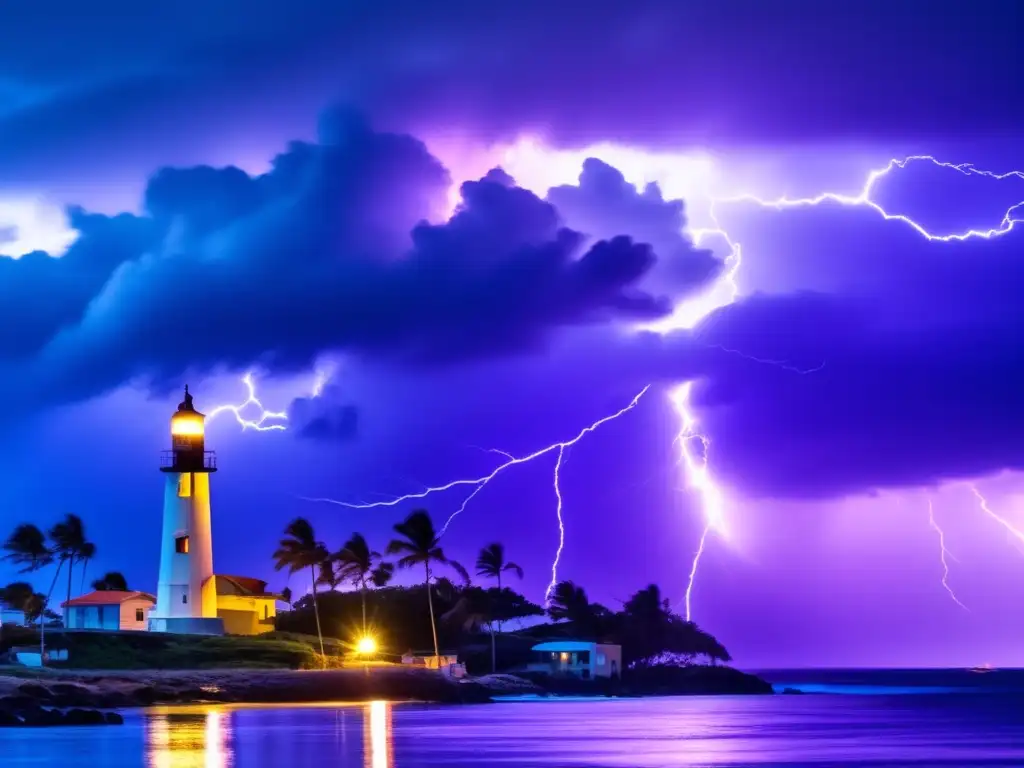 A hurricane hits small coastal village: dark, powerful storm cloud looms, rain pounds, palms sway violently