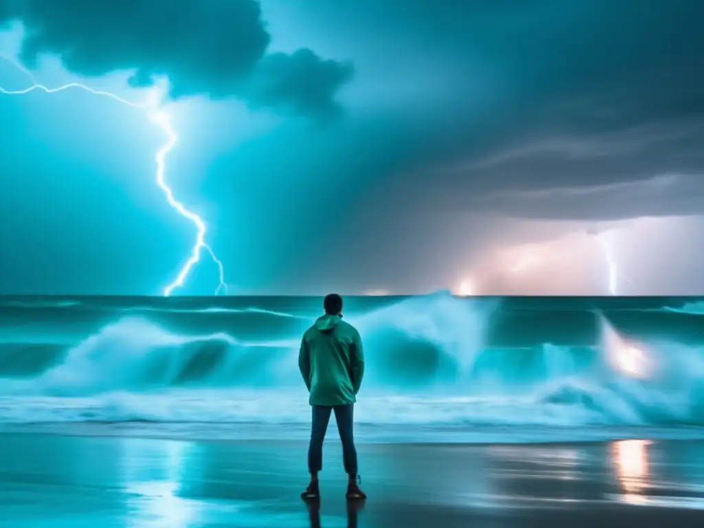 A person stands resiliently amidst a hurricane, shielding their eyes and holding a flashlight