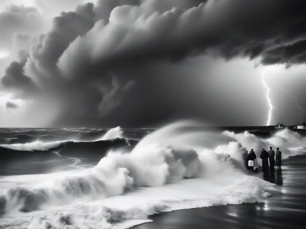 A breathtaking black and white image of Hurricane storm's fury, waves towering while lightning bolts illuminate the fiery sky