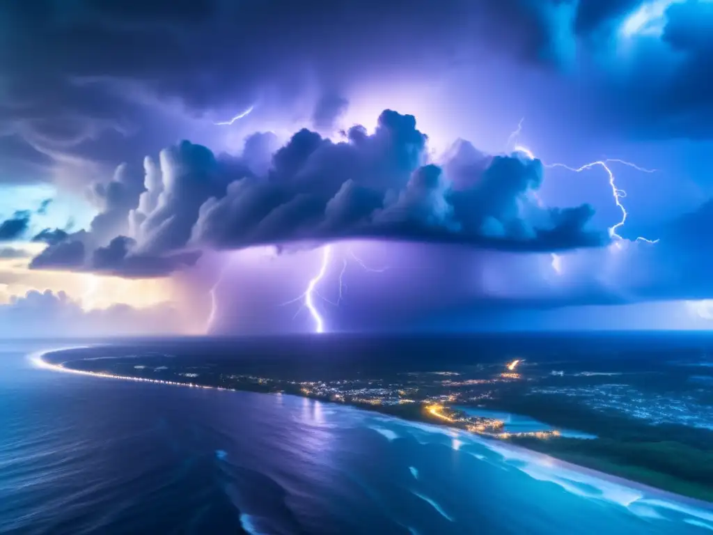 A breathtaking aerial view of a hurricane tornado, harnessing lightning's power while towering buildings, trees and smaller storm clouds darken the sky