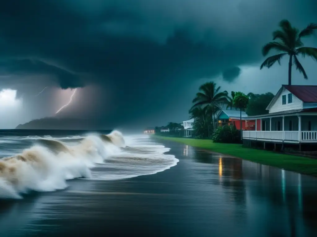 A cinematic shot of a hurricane barreling towards a small coastal town, with torrential rain and thunderstorms in the background