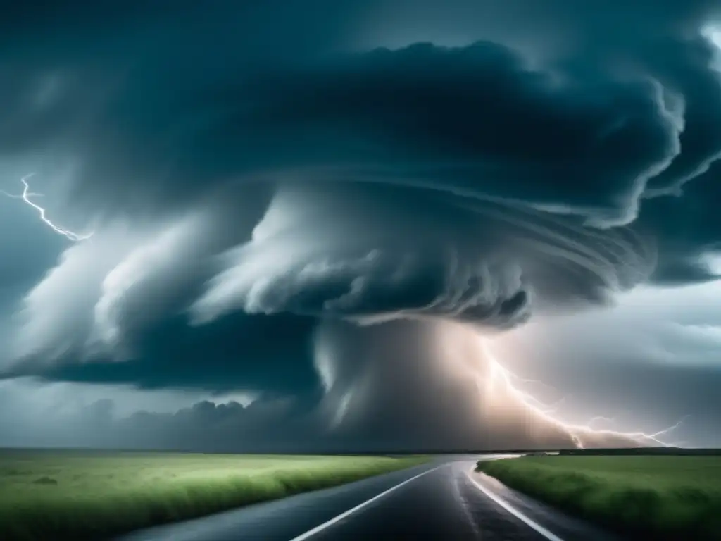 Hurricane's fury unleashed, dark clouds overhead as powerful winds whip torrential rainstorms, creating an ominous atmosphere