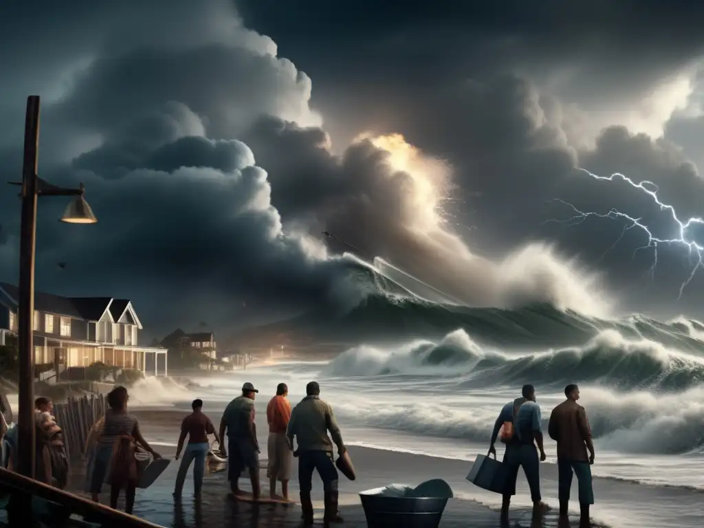 A cinematic image of a hurricane brewing over a coastal town, with towering waves crashing onto the shore