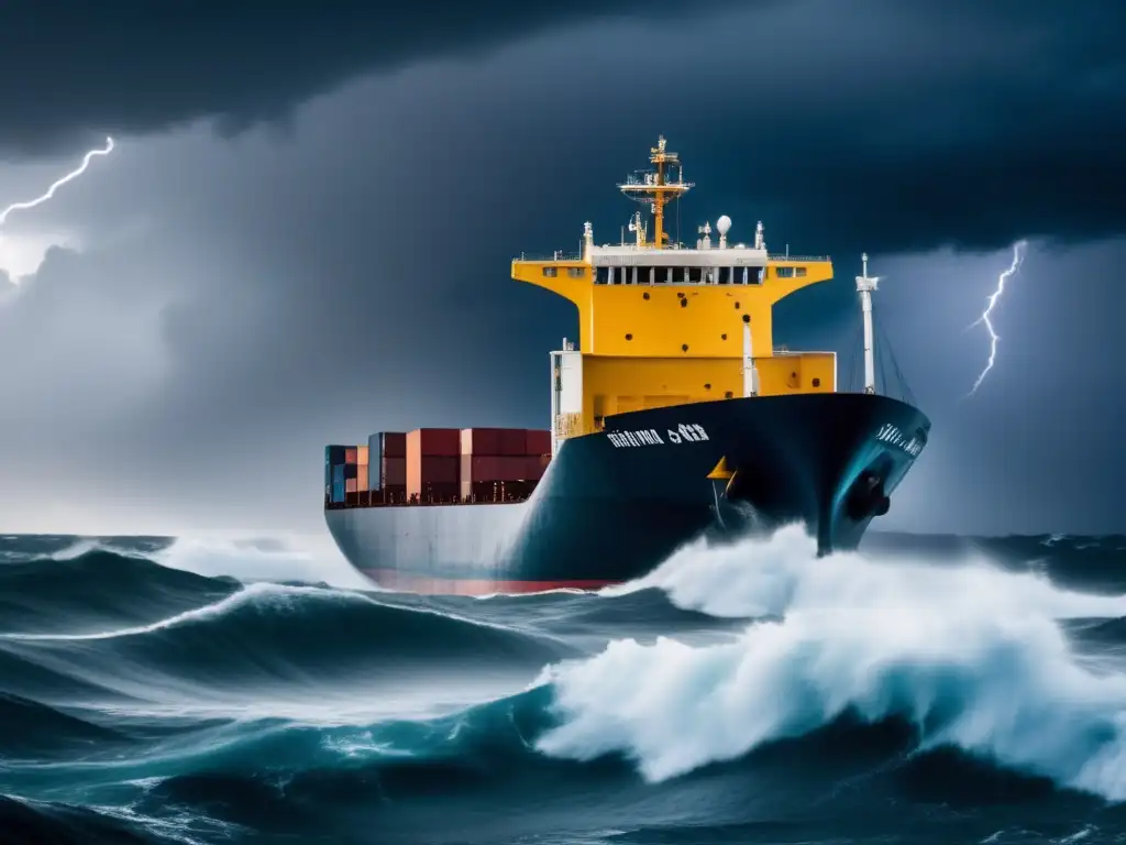 Amidst the tempest of thunder and lightning, a cargo ship stands resolute against towering waves, bravely carrying on with its mission