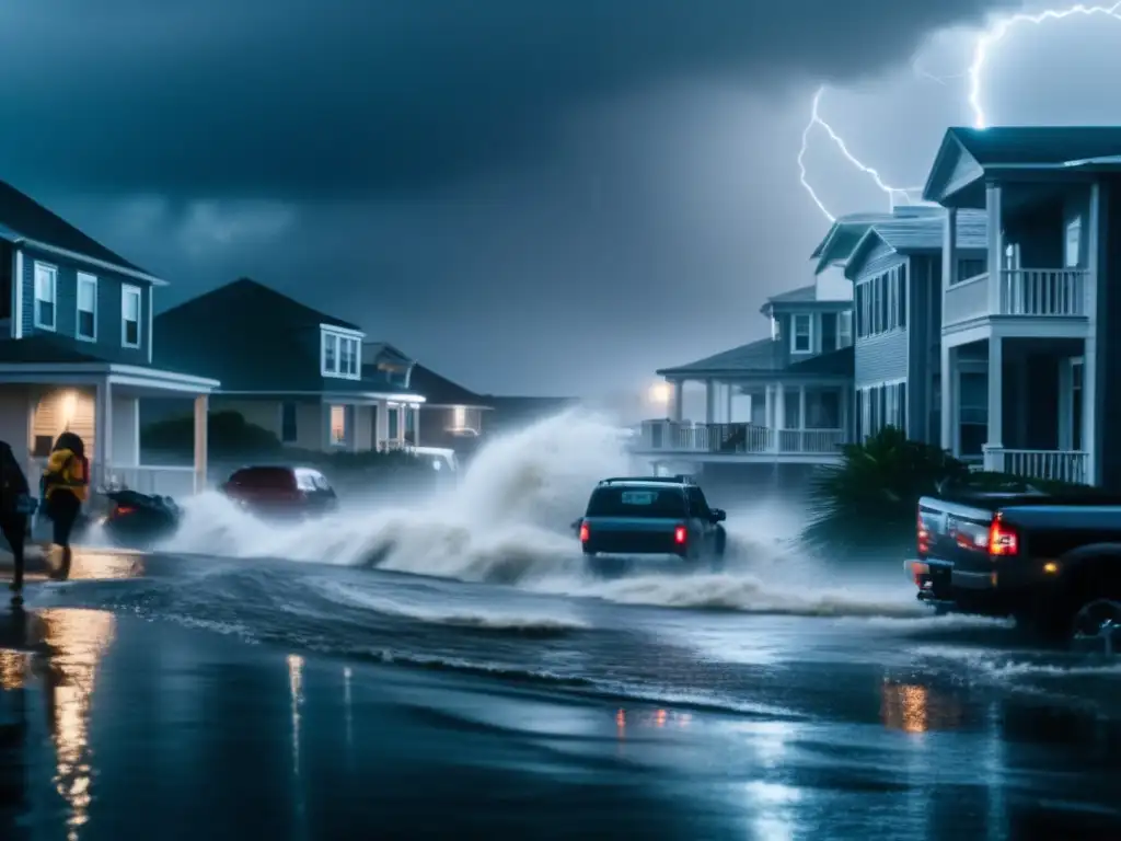 In the midst of a fierce hurricane, a coastal town is pummeled with rain, wind, and flooding