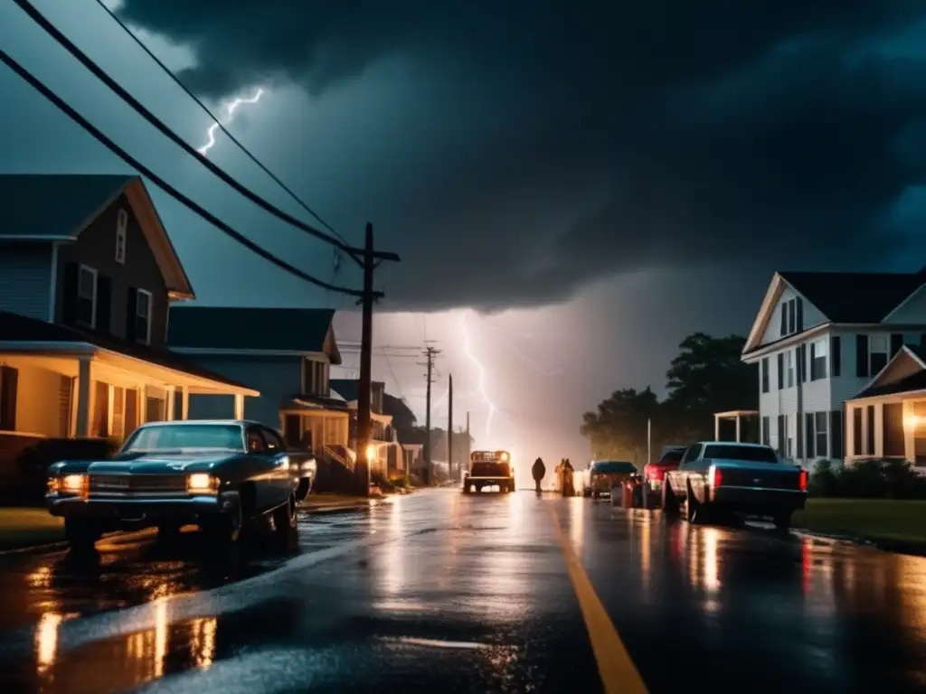 Amidst the chaos of a hurricane, a neighborhood street is seen with power lines down and cars parked on the side of the road