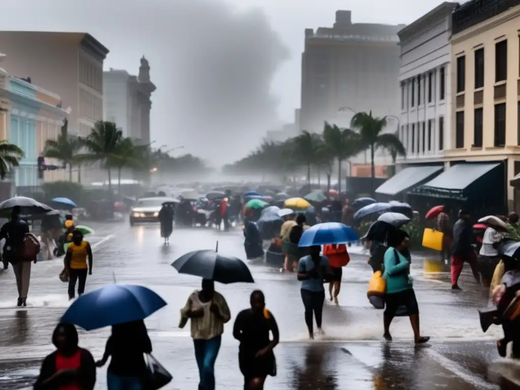 An image of a hurried, chaotic scene in the heart of a city during a hurricane