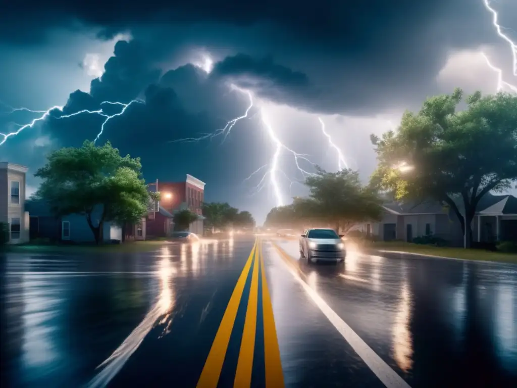 Amidst the chaos of a hurricane, a flooded intersection lies still, its once-bustling streets now silent and desolate