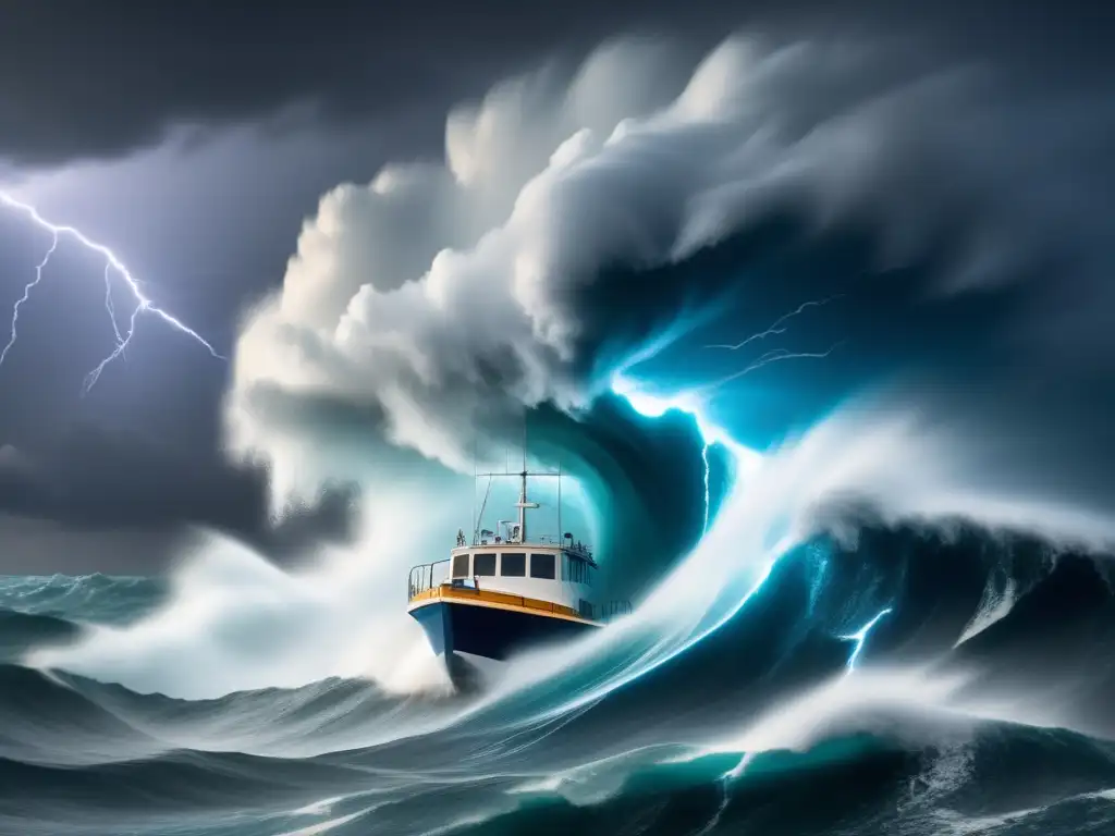 A boat braves the waves during a hurricane, lightning strikes nearby as the crew fights to keep it afloat amidst chaos