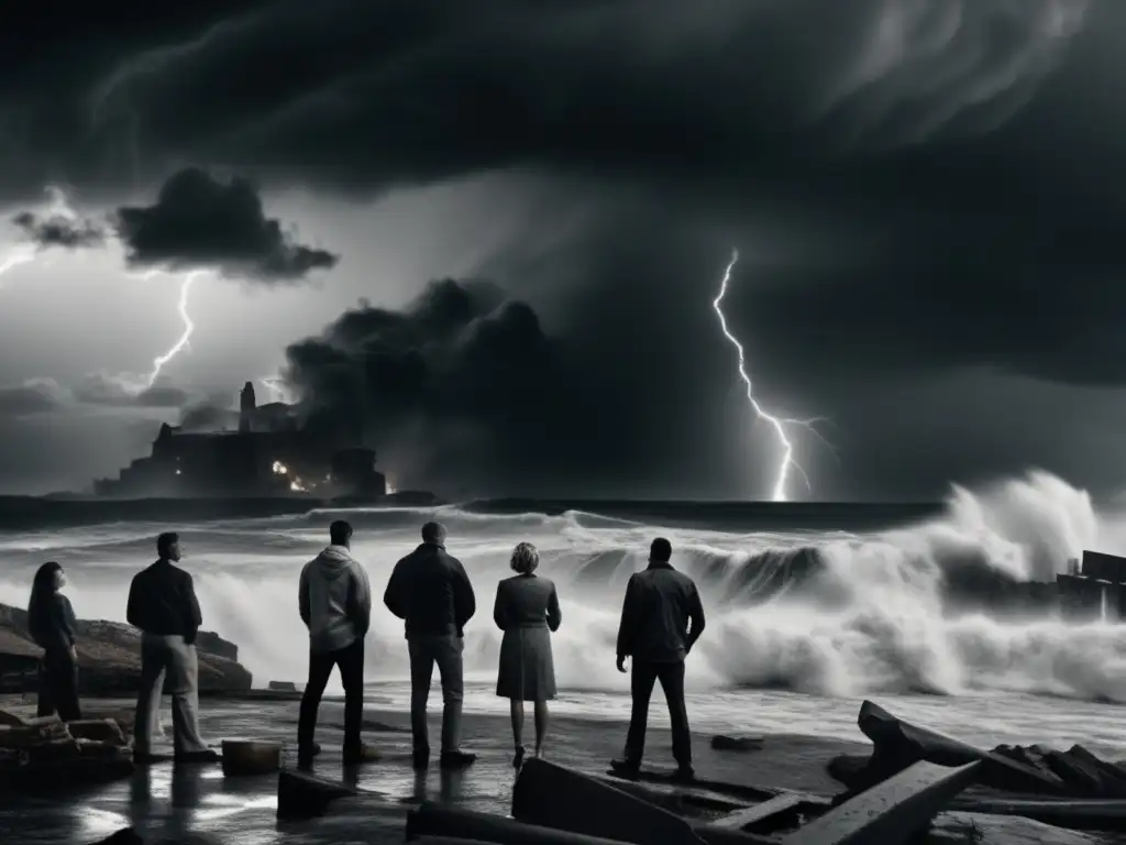 In the midst of chaos, a group of determined individuals stand confidently against the raging hurricane