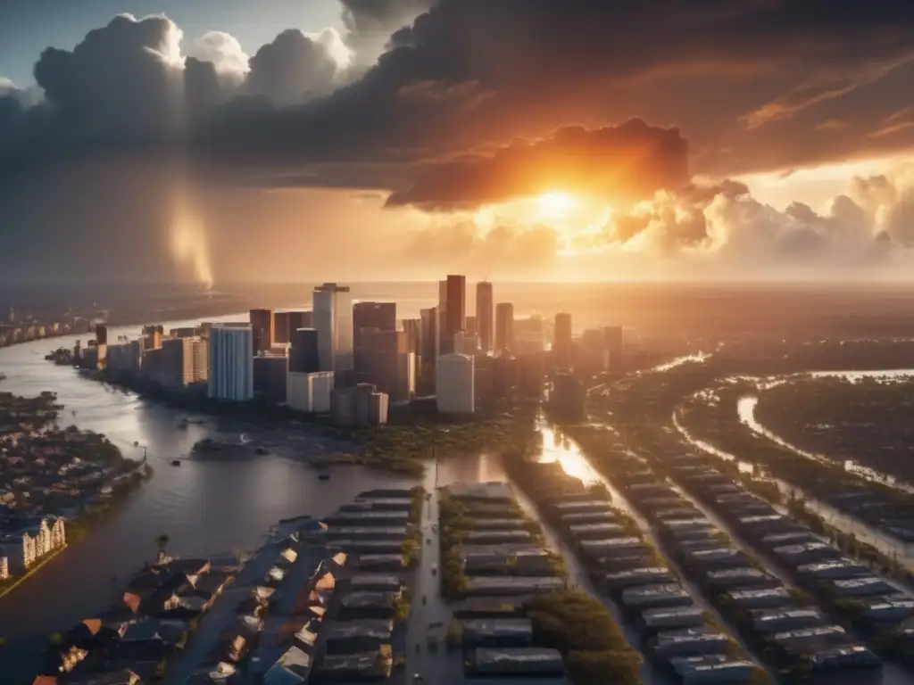 In the aftermath of the storm, a resilient city rises, as the triumphant sun climbs above the horizon, casting light on the determination of its people to rebuild