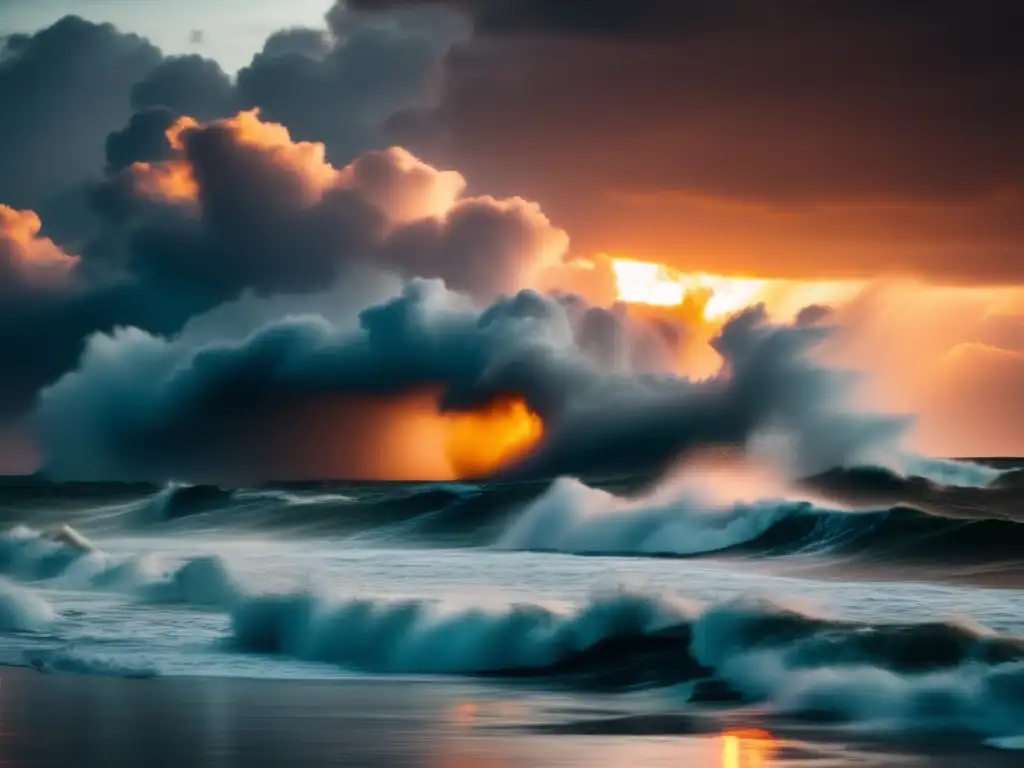 A stunning 8k image captures the power of nature as a hurricane rages over the ocean, casting a warm glow from the setting sun