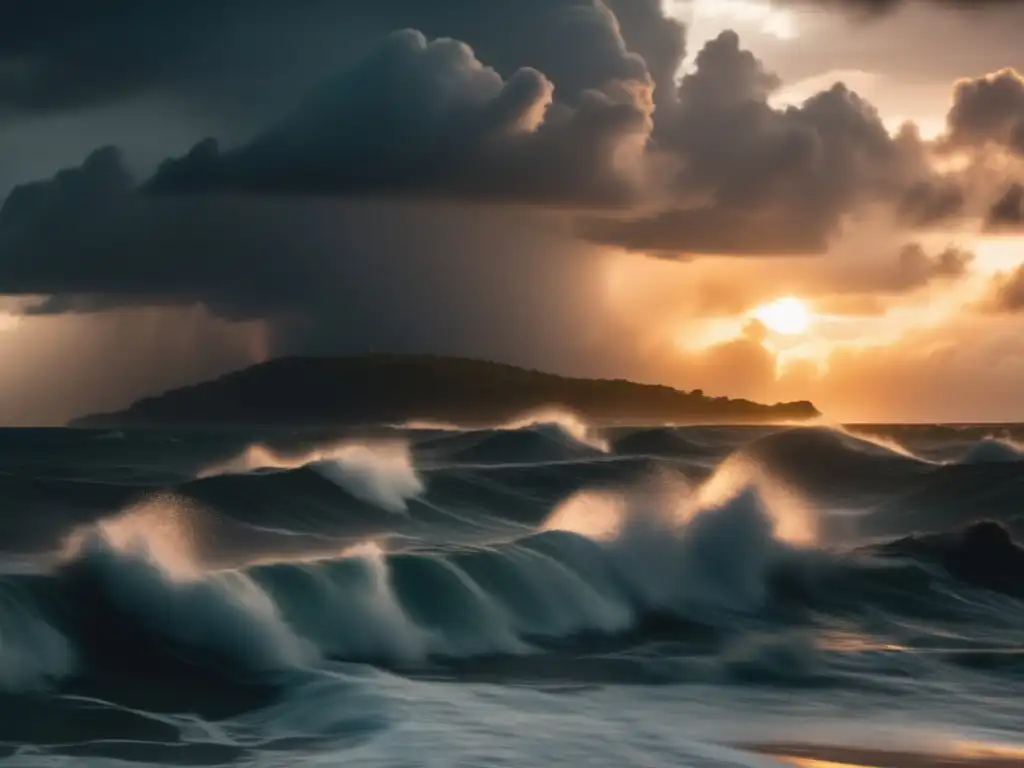 Amidst the backdrop of a peaceful ocean, chaos unfurls in the form of a hurricane, with oblivious villagers huddled safe indoors