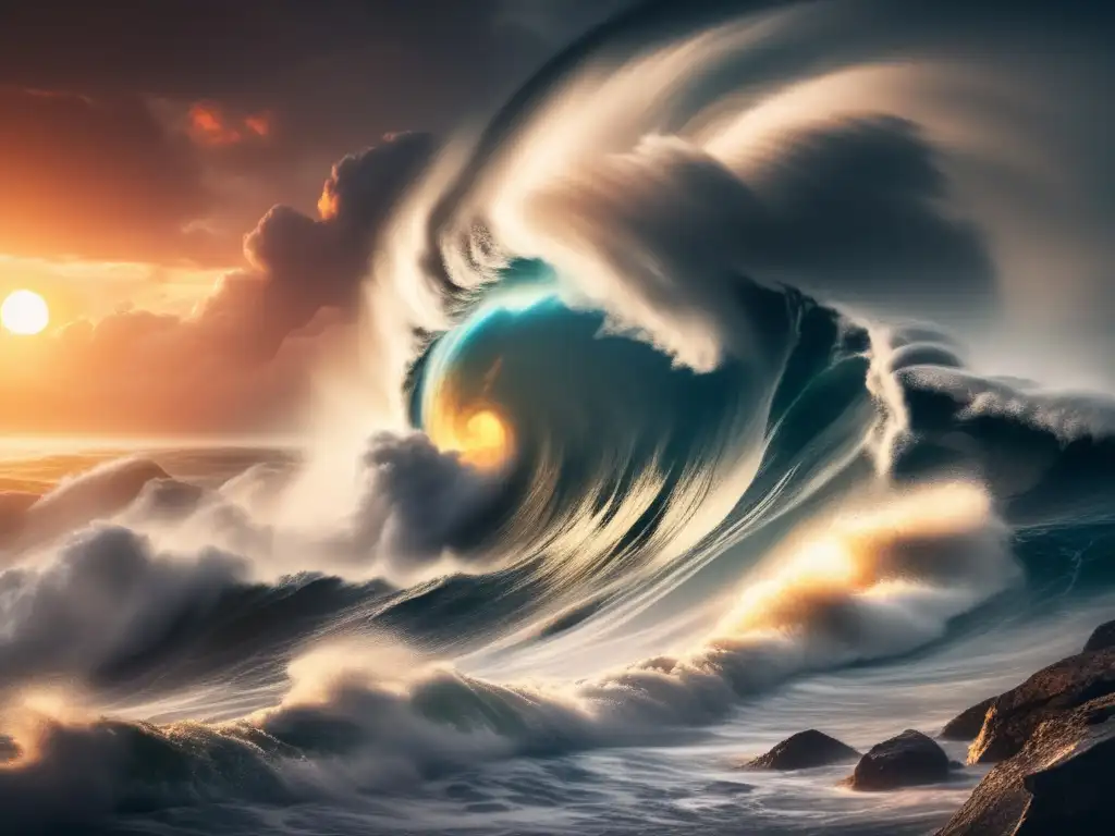 A cinematic style image of a hurricane powerfully swirling over the ocean, as the sun sets in the background