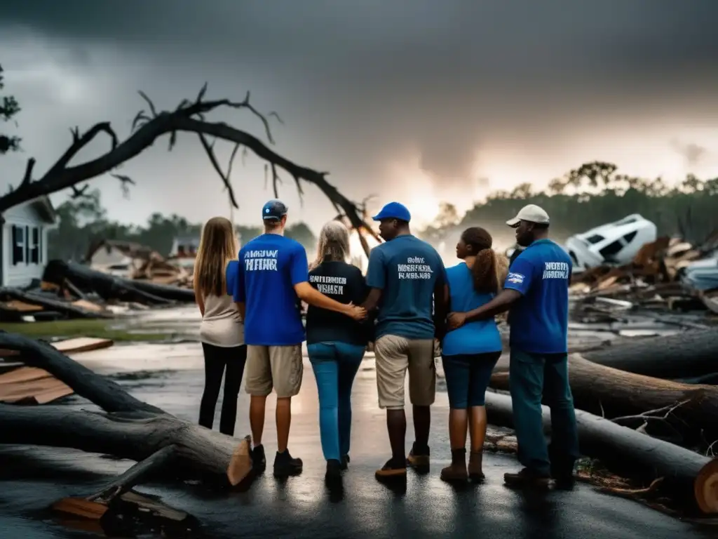 A poignant image of volunteers supporting a community ravaged by hurricane, with a fallen tree looming in the background