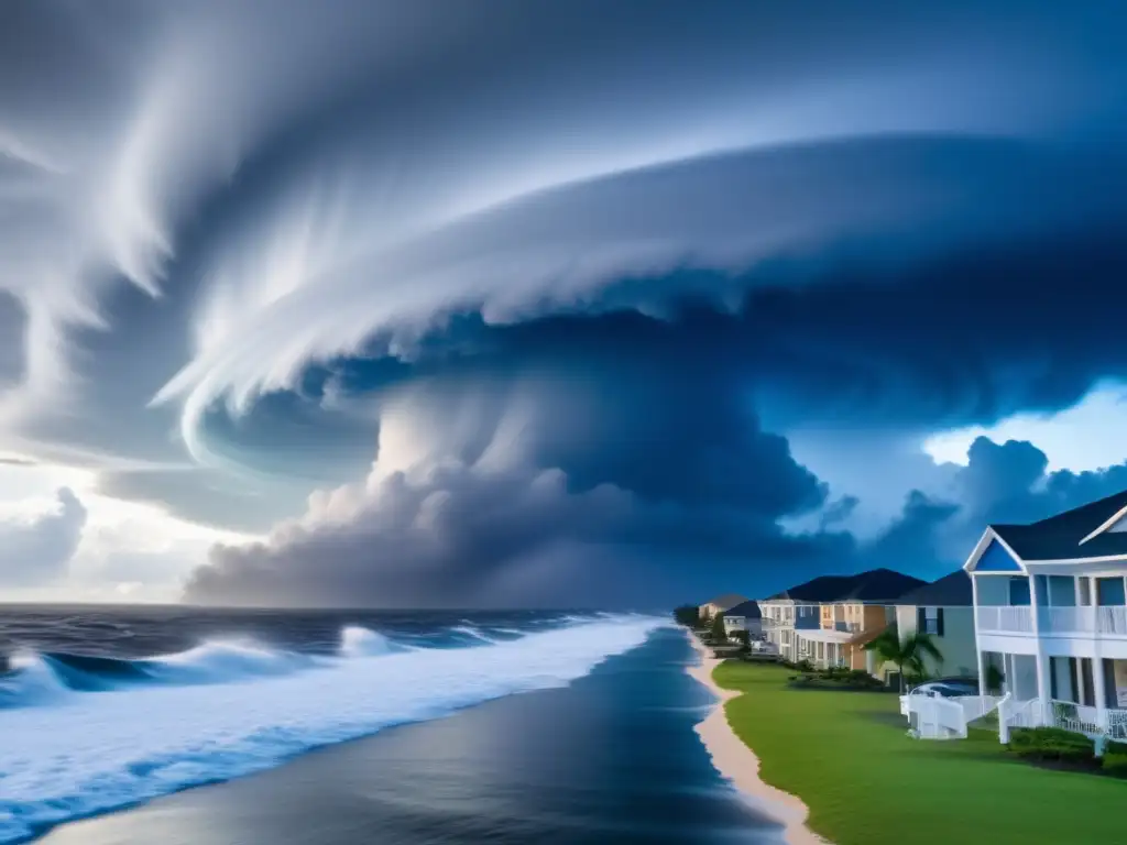 Amidst the chaos of the hurricane, sunlight illuminates the storm surge, towering over the houses below