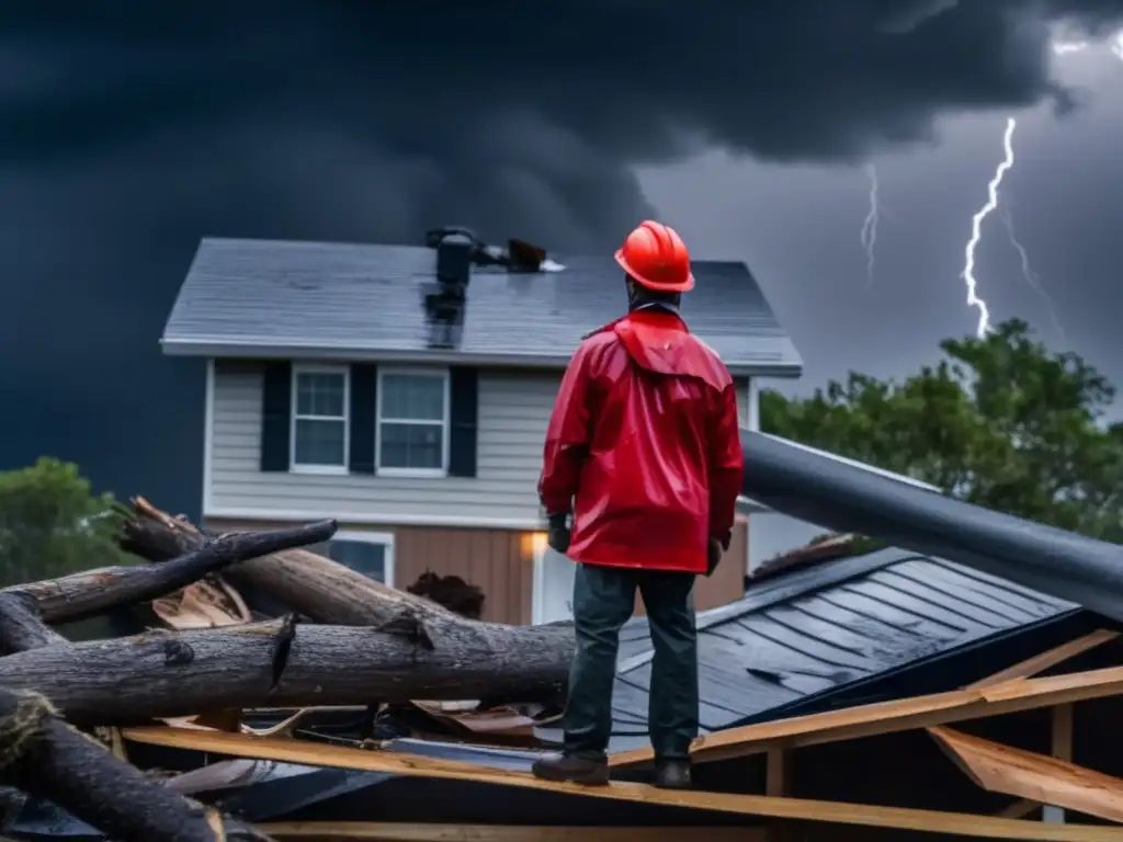 Amidst the wrath of Hurricane, a brave soul stands tall on a house's roof, holding a flashlight amidst flying debris and damaged buildings