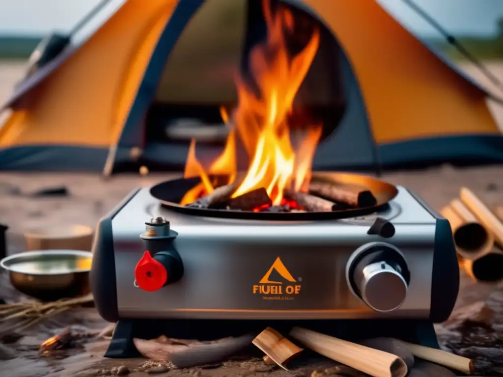 Hurricane-stricken campers huddle around a portable stove for warmth and light amidst piles of storm debris