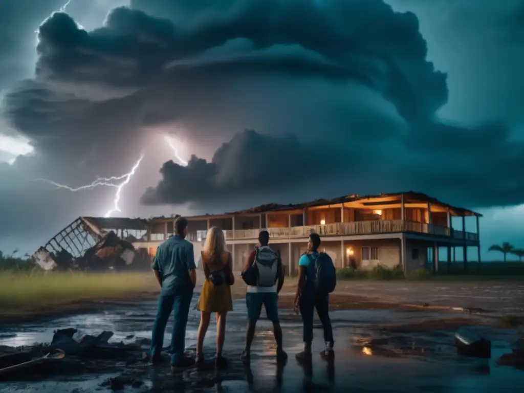 Hurricane-ravaged resort: Gathered travelers, stoic and brave, in front of a post-hurricane, abandoned seaside resort in an unknown land