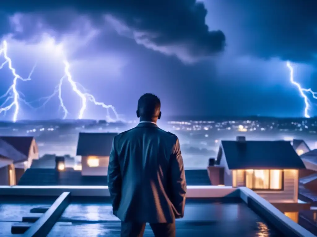 Amidst the fury of a hurricane, a brave soul stands tall on a rooftop, donned in a weathermaster suit