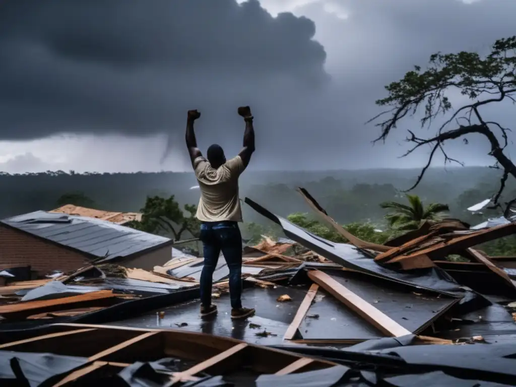 A lone figure stands victorious atop a ruined building amidst the chaos of a hurricane's aftermath