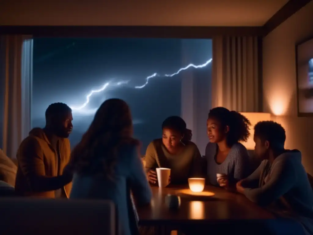 During the hurricane, a group of friends huddle together in a dimly lit room, illuminated only by flickering solar-powered motion-sensor lights