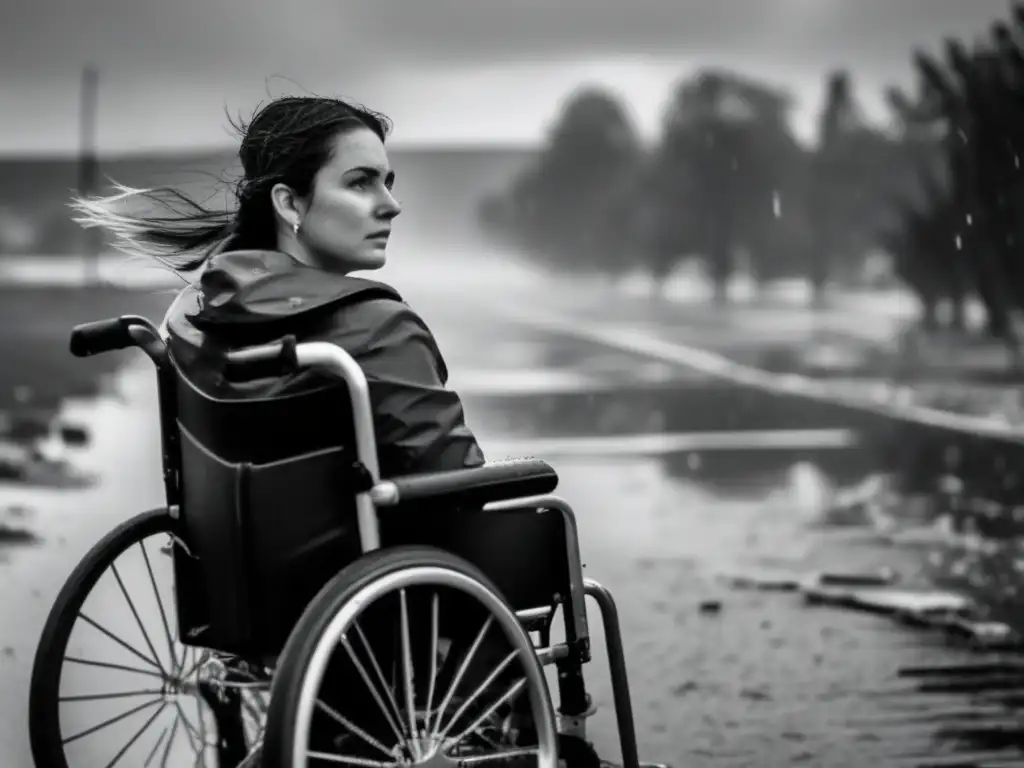 A determined young woman clutches a foldable wheelchair through raging storm while a devastated town looms in the background