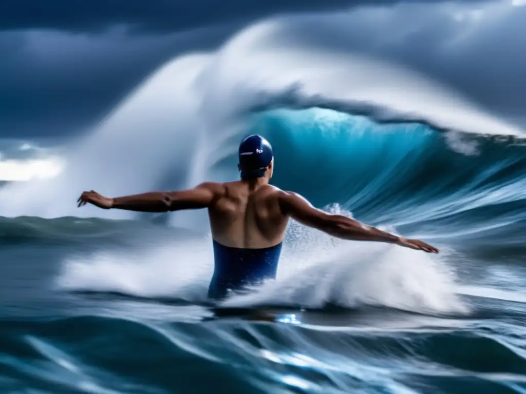 Amidst hurricane-tossed sea, a determined swimmer braves stormy waves, arms outstretched, streamlined body in focus