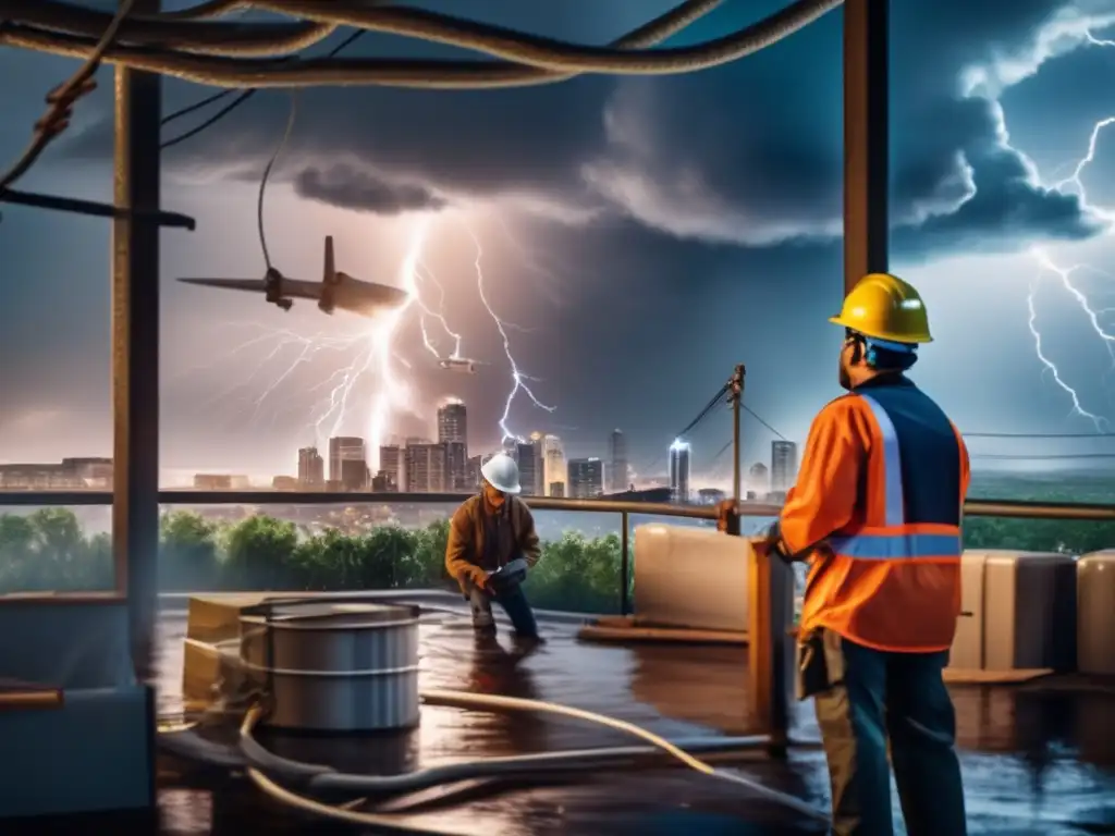 Amidst the chaos of a hurricane, Sarah takes refuge in her basement while workers in hard hats fight to restore power