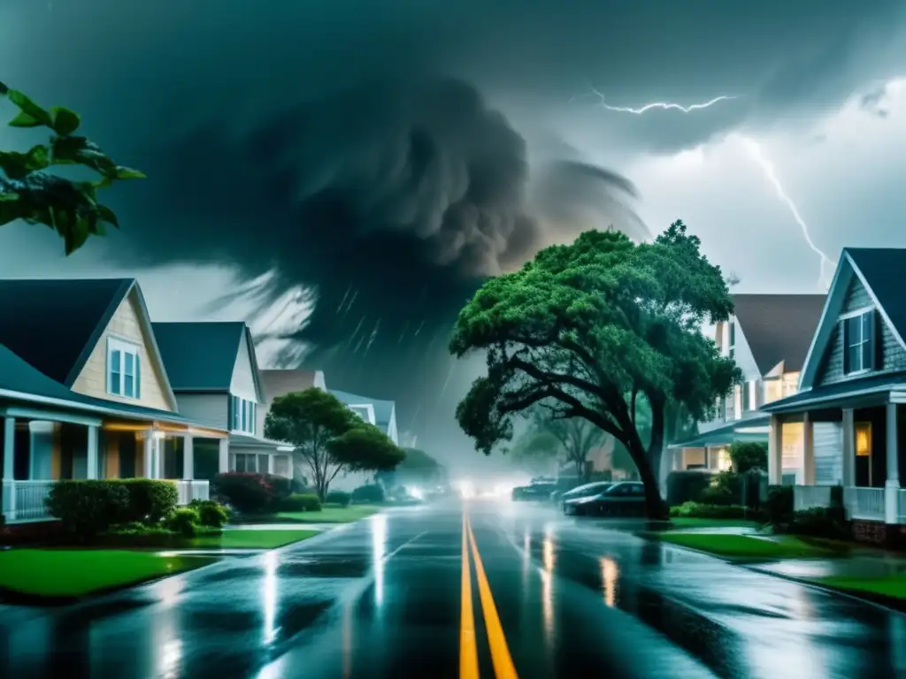 A gripping cinematic shot of a hurricane wreaking havoc, mega trees, glass windows, and houses being battered by wind and rain