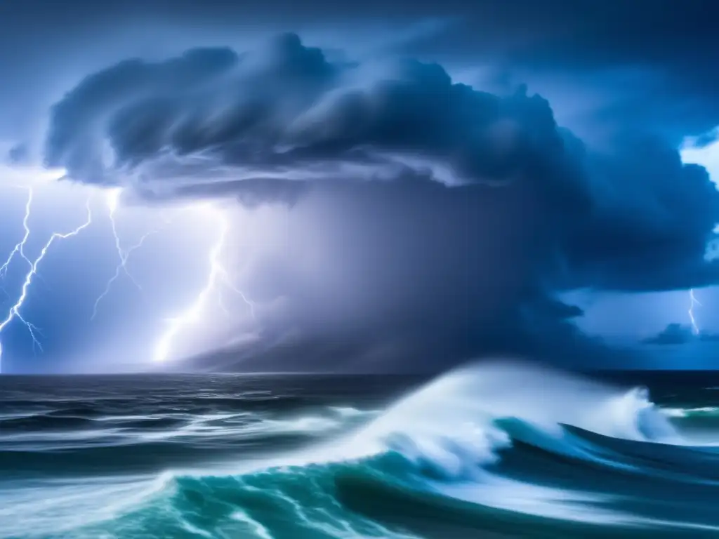 A dark and foreboding sky illuminates with lightning strikes as a raging hurricane swirls over the ocean, water spraying high and rain pouring down