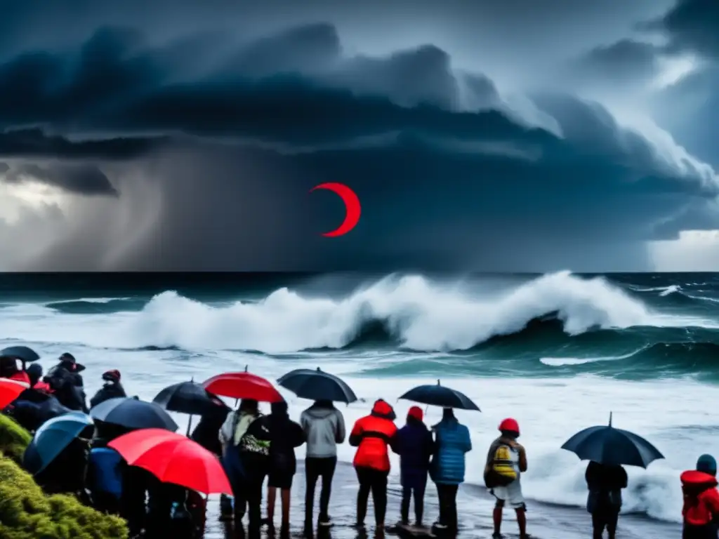 A tumultuous seascape, with ominous clouds looming and waves crashing against the shore