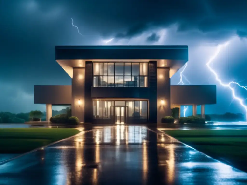 Amidst turmoil: A captivating photograph of a commercial property under the rage of hurricane winds, lightning, and thunder