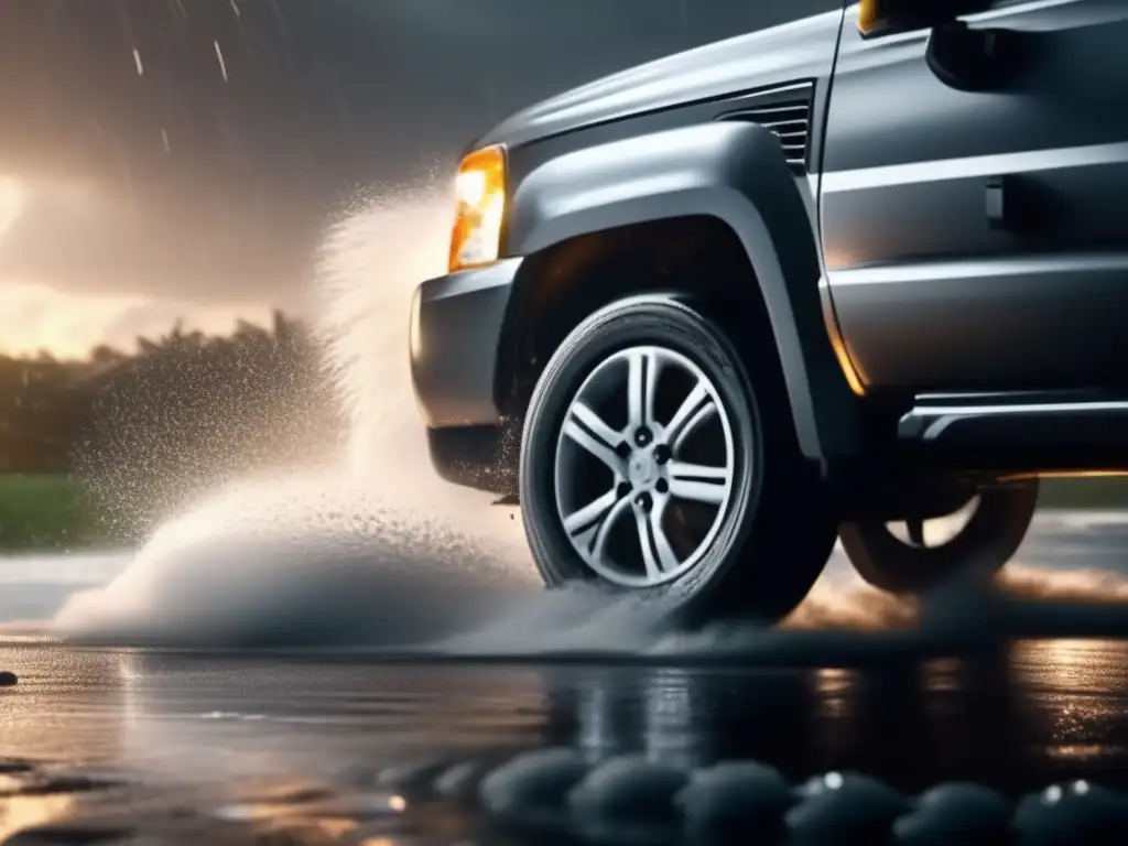 A minotaur uses a tire inflator to fill up the tires of various vehicles, bravely driving forward through a hurricane storm scene with water droplets flying up in the air, emphasizing the importance of properly inflated tires during a hurricane