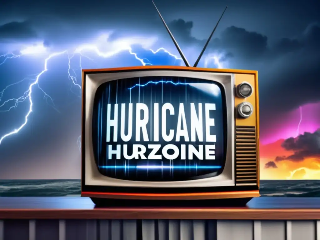 A gripping cinematic image of a TV set in a dark living room, discussing the intensity of the hurricane season while lightning and torrential rain rage outside, displaying colorful graphic names of various hurricanes and their locations