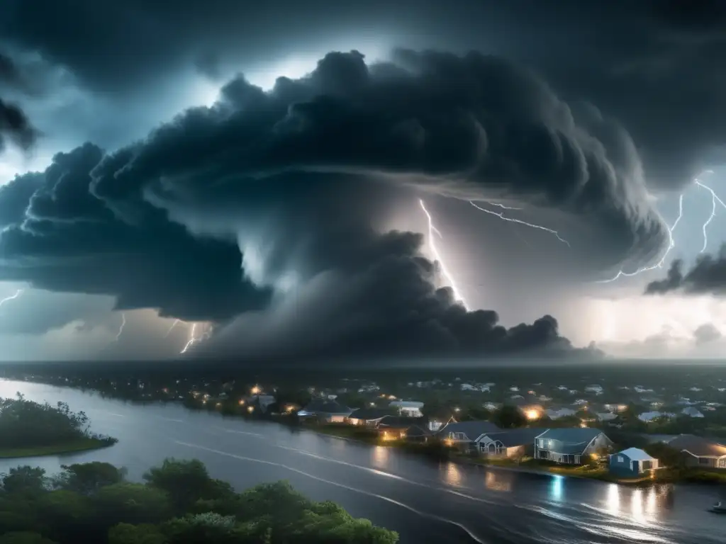 A dramatic aerial view of a brazen hurricane ravaging a coastal town, with towering storm clouds casting an eerie glow on the landscape