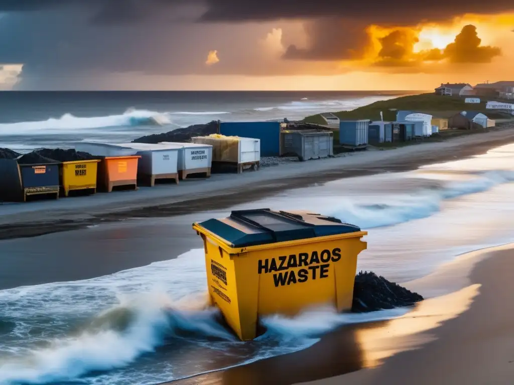 Dash- A dramatic aerial shot of a hurricanedamaged coastal town, with orange and yellow clouds swirling overhead