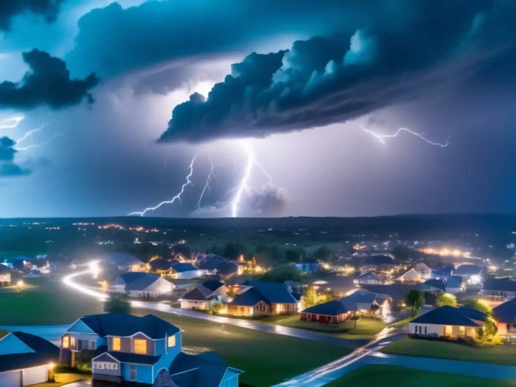 This cinematic aerial view captures the devastating wrath of a hurricane that tore through a small town