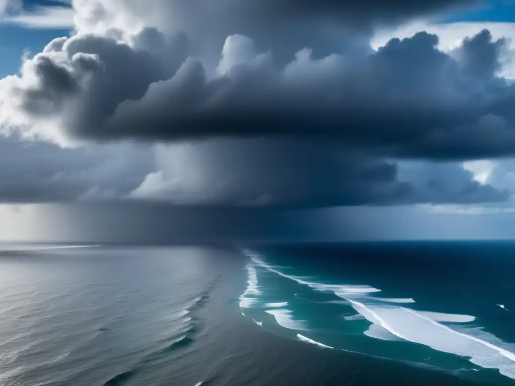 A white-knuckled view of the majestic Atlantic Ocean, with tempestuous clouds engulfing its vast expanse