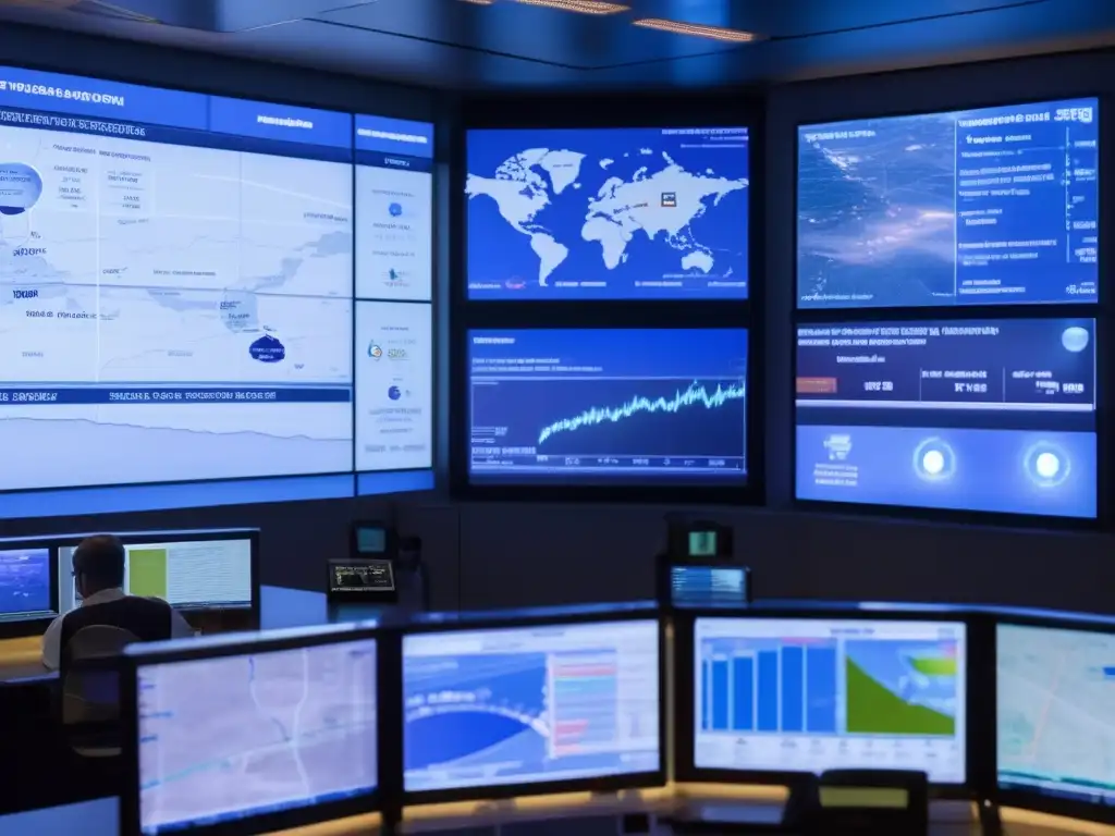 An intense, dimly lit control room with maps and visual aids adorning the walls shows two people focused on a hurricane tracking system