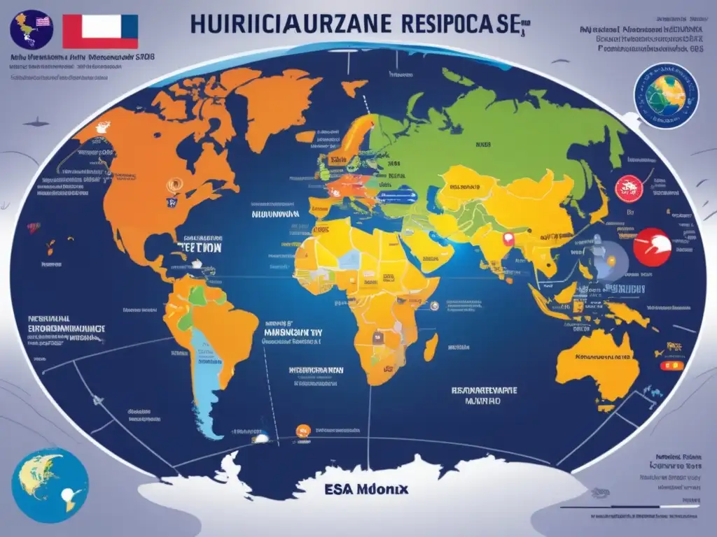 Dash: An stunning map of the world, highlighting major networks and organizations involved in hurricane tracking and response in vivid colors