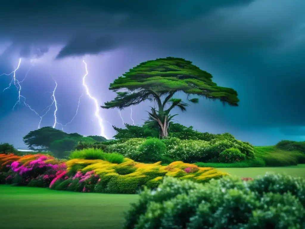 A cypress tree stands tall and strong during a hurricane, its roots reaching deep into the ground